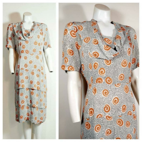 Vintage Dresses & Skirts - 1940s rayon novelty print swirls dress vintage